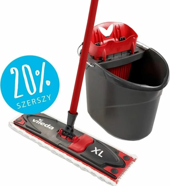 Mop i sheshtë me kovë Vileda Ultramax XL Box 160932, 42 cm, mikrofibër, kovë 10 L, me shtrydhës, e kuqe, set 3 pjesë