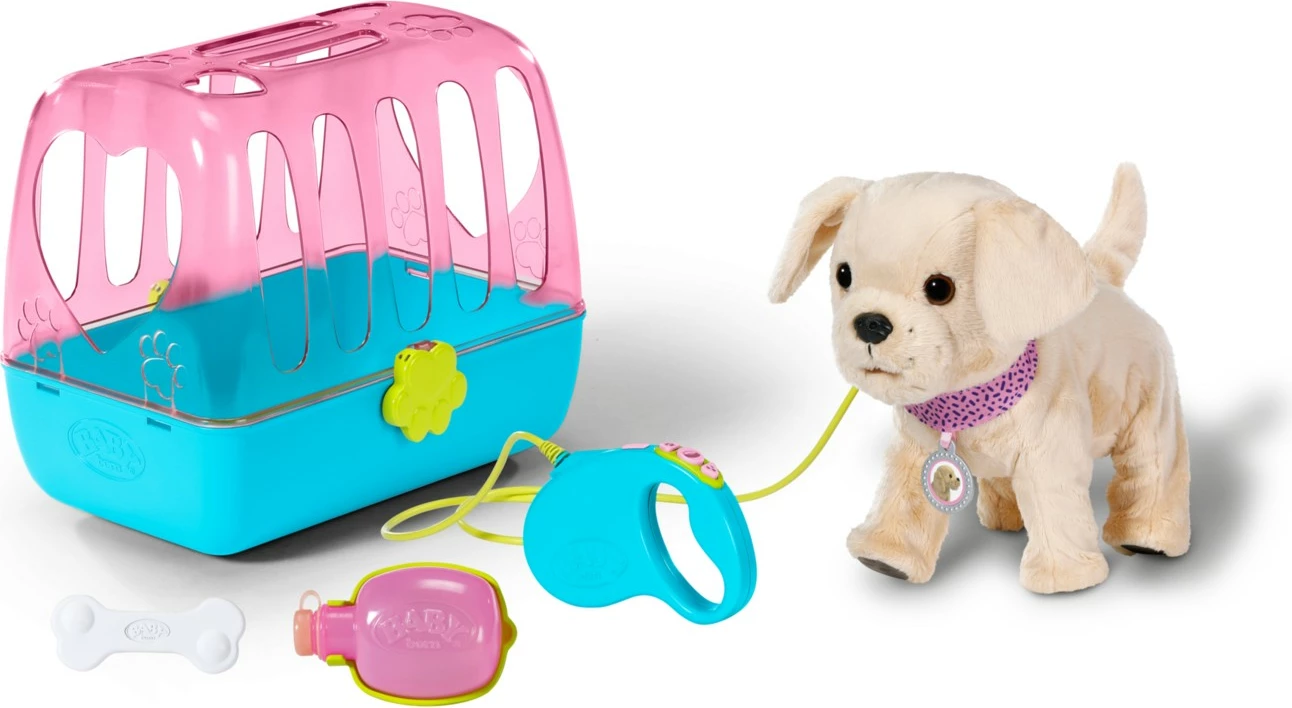 Qenush interaktiv me litar, Baby Born 835869-116724, ec në litar, leh, tund bishtin, pi ujë dhe bën pipi, shumëngjyrësh, set me kafaz, tas, kockë