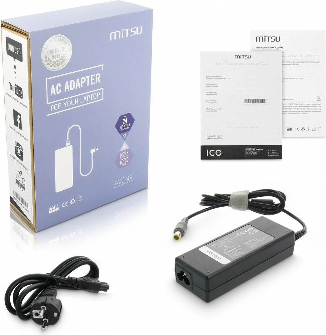 Adapter rryme për laptop Mitsu ZM/LEN2045 Lenovo 90W 20V 4.5A 7.7x5.5mm, i zi, set me kabllo