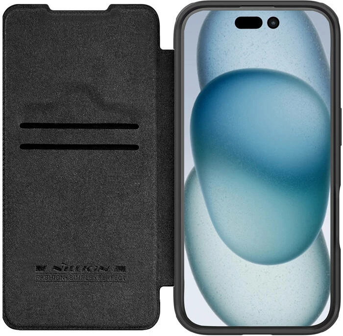Mbështjellës Nillkin Qin Prop Leather për iPhone 16, i zi