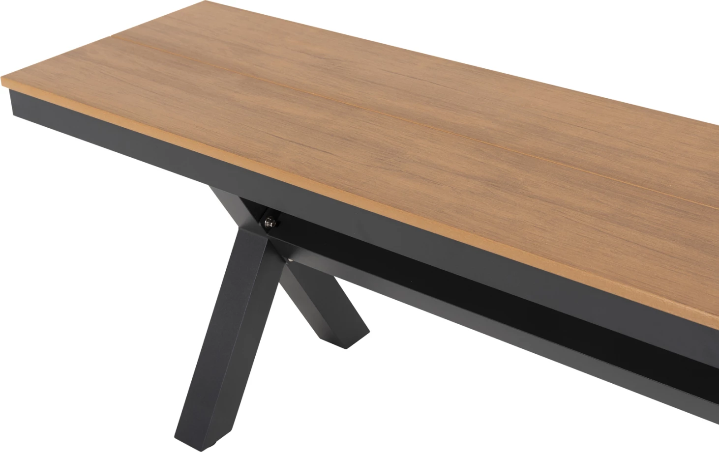 Stol alumini për jashtë, ngjyrë antracit, FH6038.01, me sipërfaqe tavoline polivudi, ngjyrë druri natyral, 150x36x45H cm