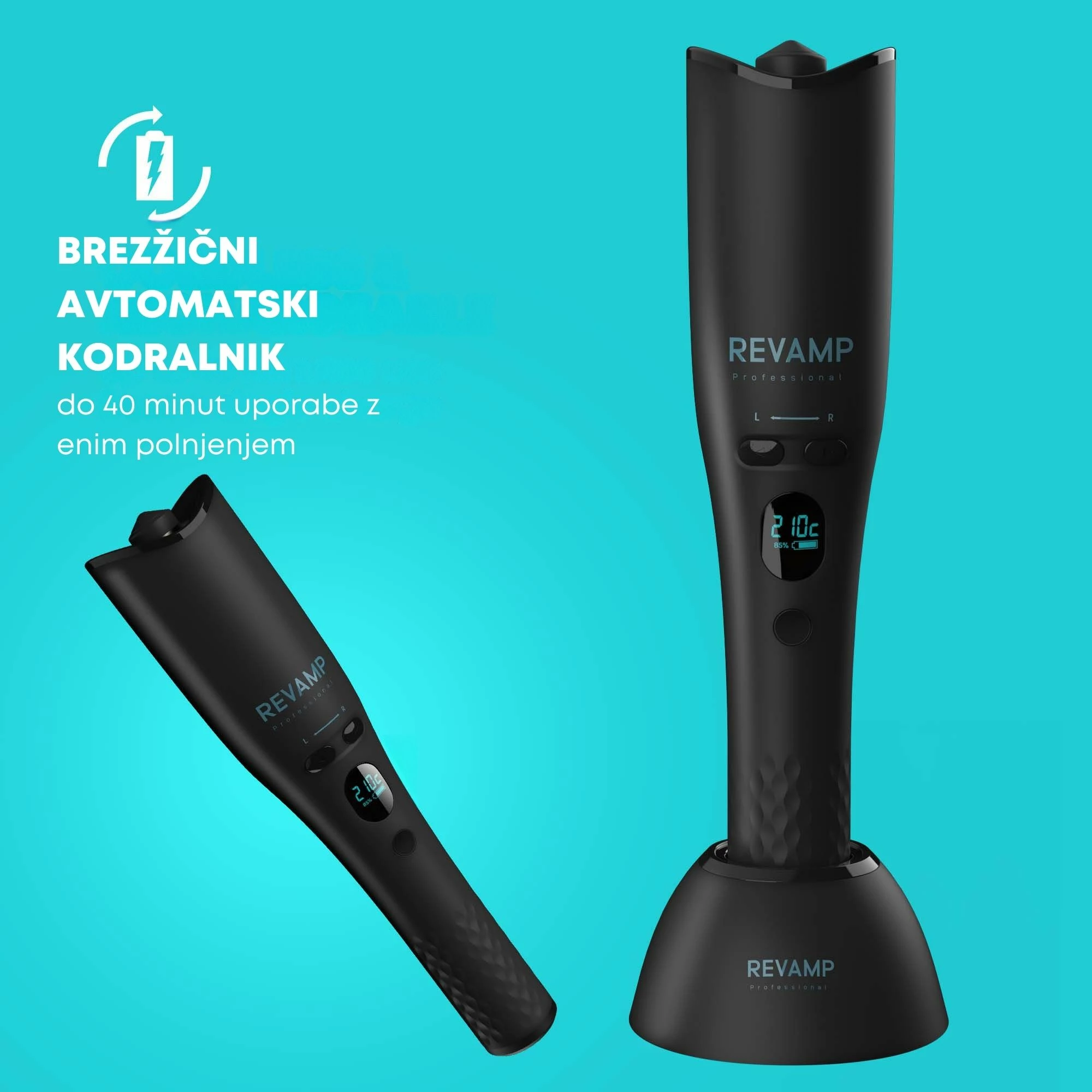 Pajisje automatike për kaçurrela Revamp iGEN Progloss Hollywood Curl CL-2750, pa kabllo, 19 mm, 150–210°C, e zezë, set me bazë karikimi