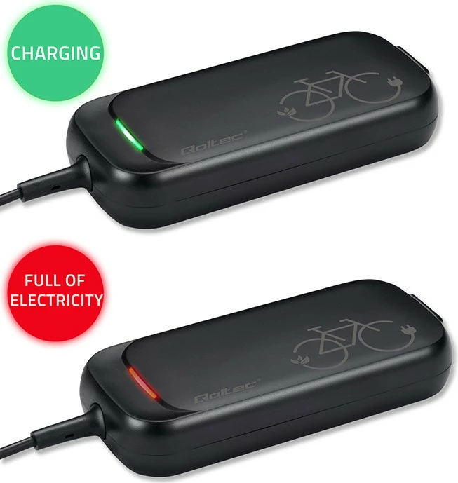 Karikues biçiklete elektrike Qoltec 50334, 42V 2A, për bateri 36V, i zi