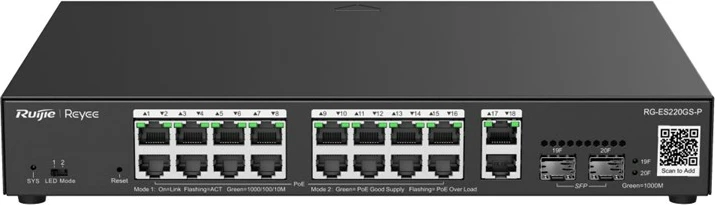 Switch Ruijie RG-ES220GS-P, 16 porte Gigabit, 2 SFP, PoE, i zi