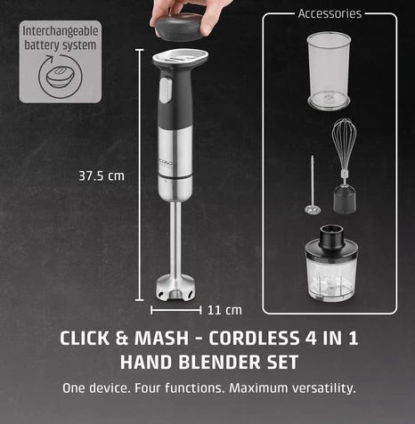 Blender dore pa kabllo CASO Click & Mash 3605 4 në 1 180W, zi/inoks, set