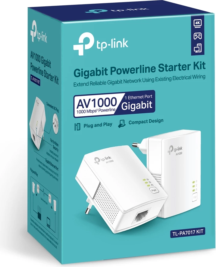 Adapter Powerline TP-Link TL-PA7017 KIT AV1000 1000 Mbps, 1x Gigabit LAN, set 2 copë, i bardhë
