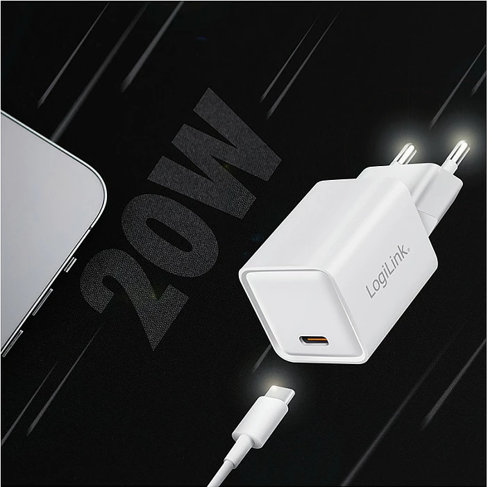 Karikues USB-C LogiLink 20W GaN, 1x USB-C PD, i bardhë