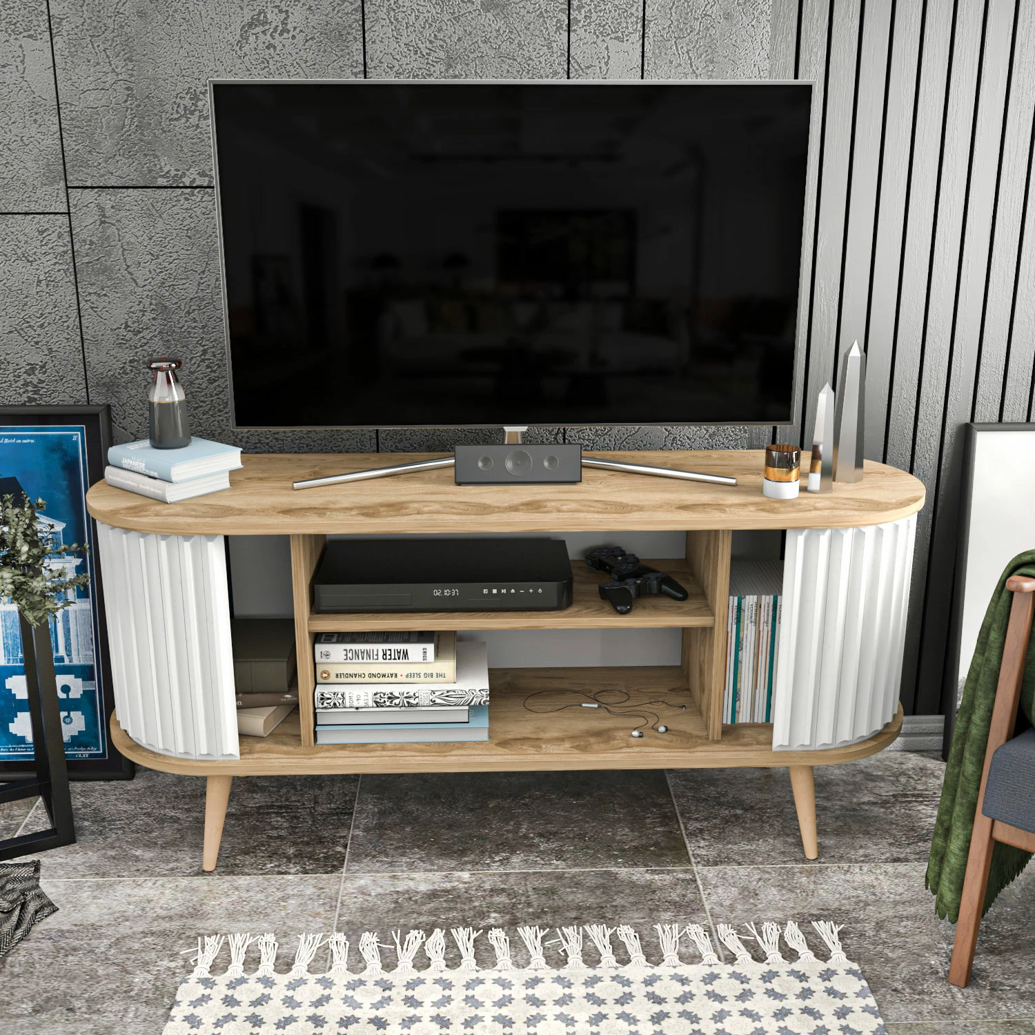 Komodë TV Hanah Home, ngjyrë lisi Oud, e bardhë