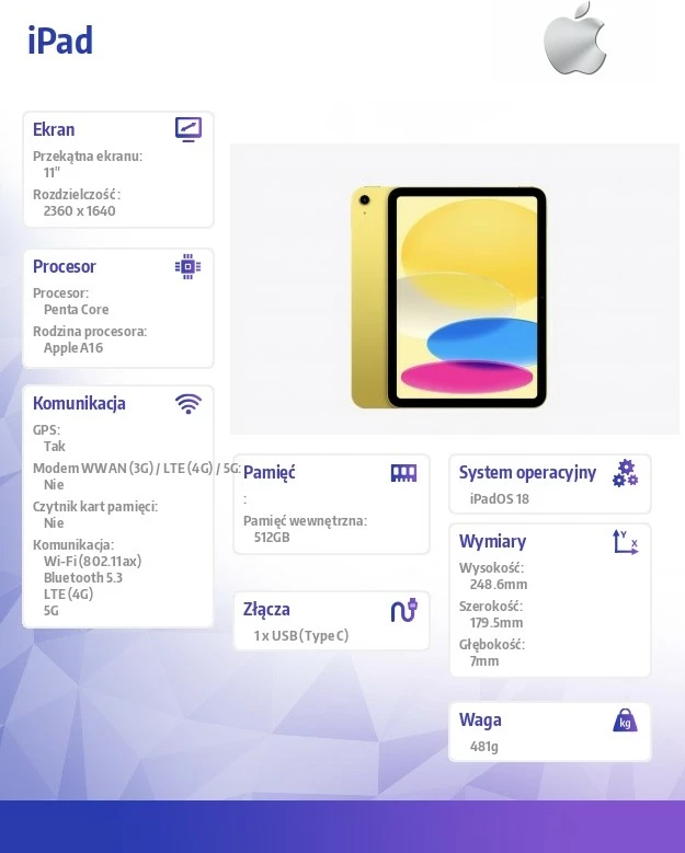 Tablet Apple iPad MD7R4HC/A 11" Wi‑Fi + Cellular 512 GB A16, e verdhë