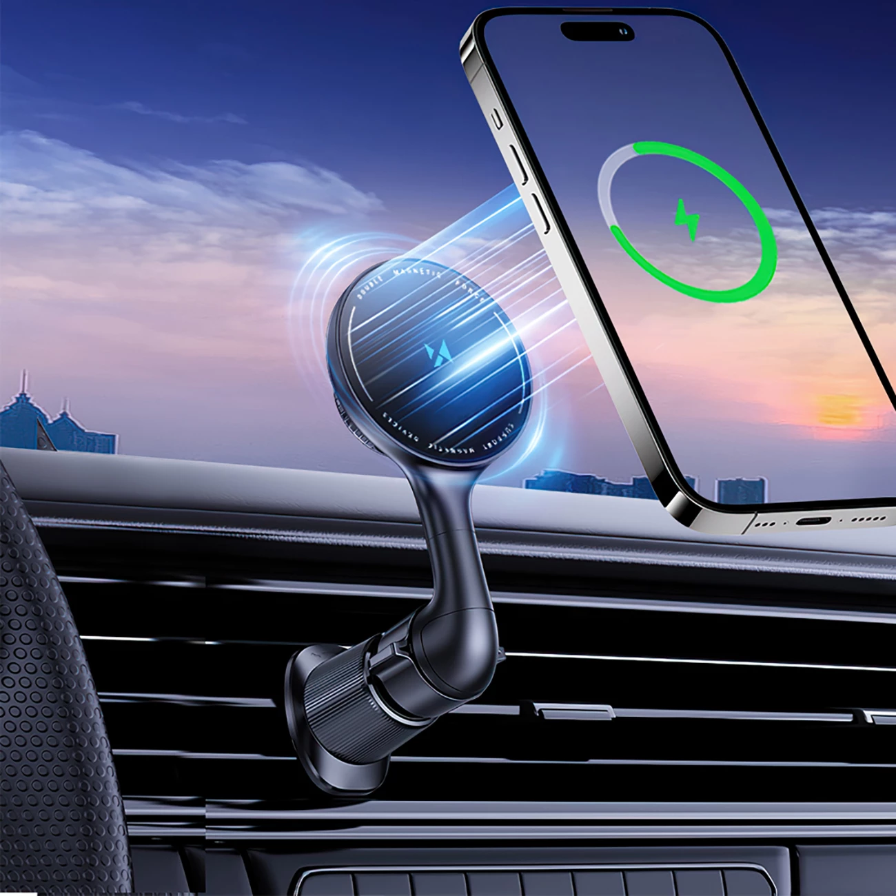 Mbajtës magnetik për veturë Wozinsky WCT5-6S4Y me karikues wireless Qi/MagSafe 15W, i zi