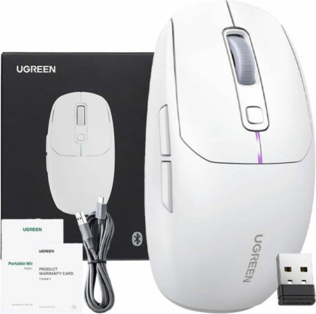 Maus wireless UGREEN 15629 5000 DPI 2.4G + Bluetooth 5.0, USB-C rechargeable, bardhë