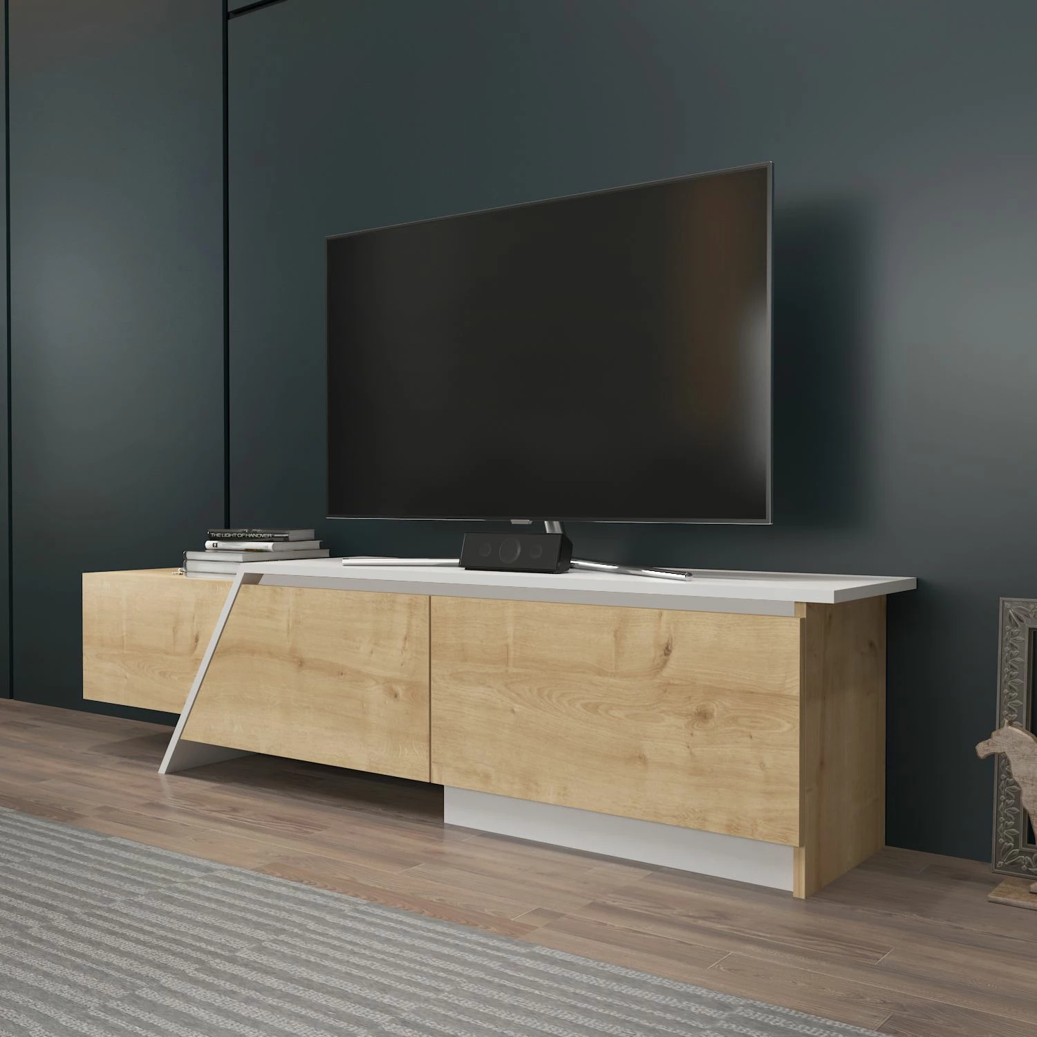 Komodë TV Skye Decor, ngjyrë lis safir, e bardhë, Zonas