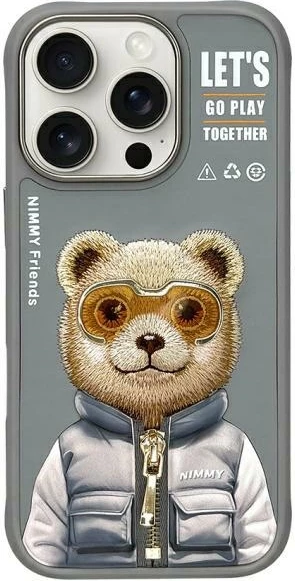 Mbështjellës Nimmy Cool&Cute 2.0 Bear për iPhone 16 Pro 6.3\", hardcase TPU/PC, i papërshkueshëm nga uji, gri, me kuti