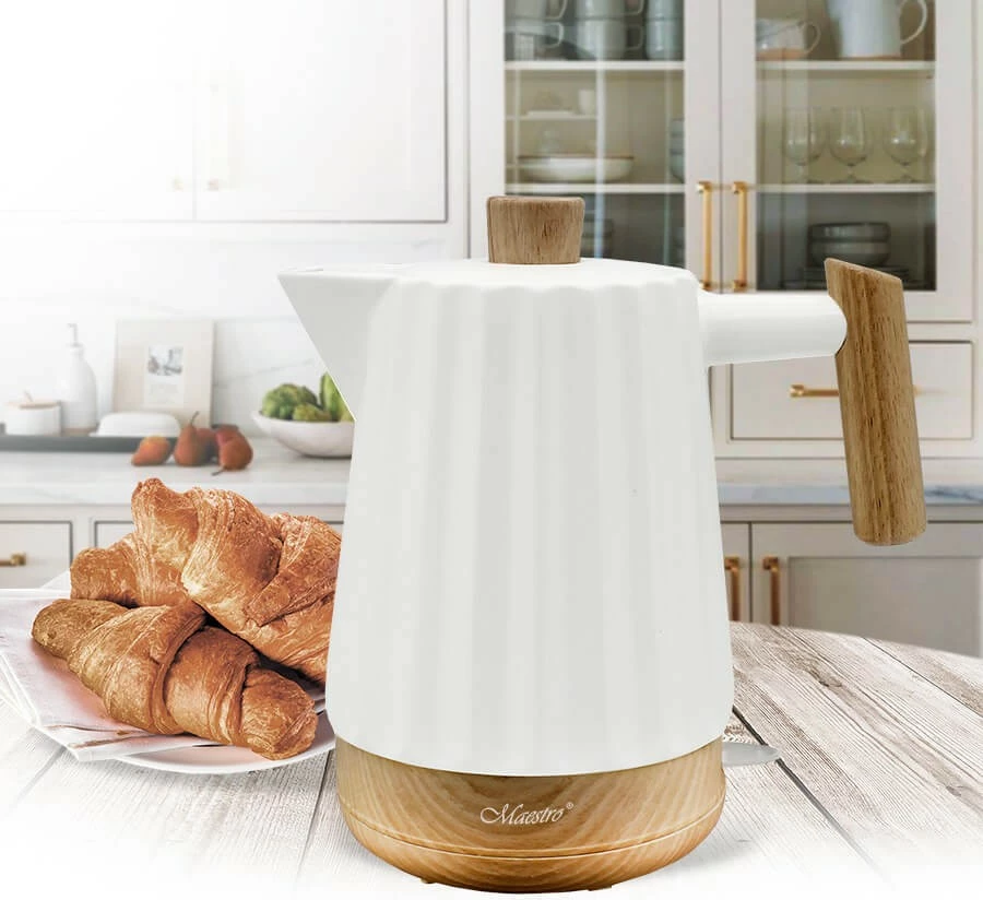 Çajnik elektrik Feel-Maestro MR-075, 2.0L, 1800W, qeramikë, bambu, Bardhë