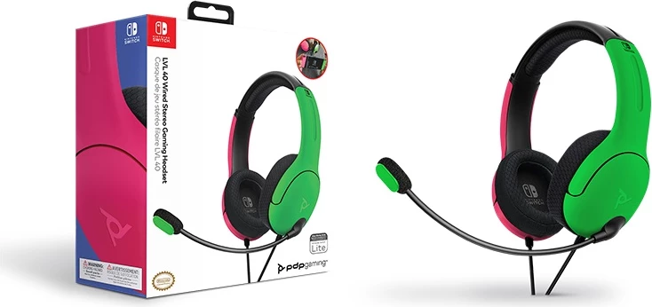 Kufje gaming PDP LVL40 stereo me mikrofon, të lidhura me kabllo, rozë/jeshile