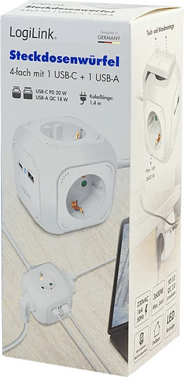 Zgjatues rryme LogiLink Cube, 4 priza, USB-A + USB-C, 20W PD, i bardhë