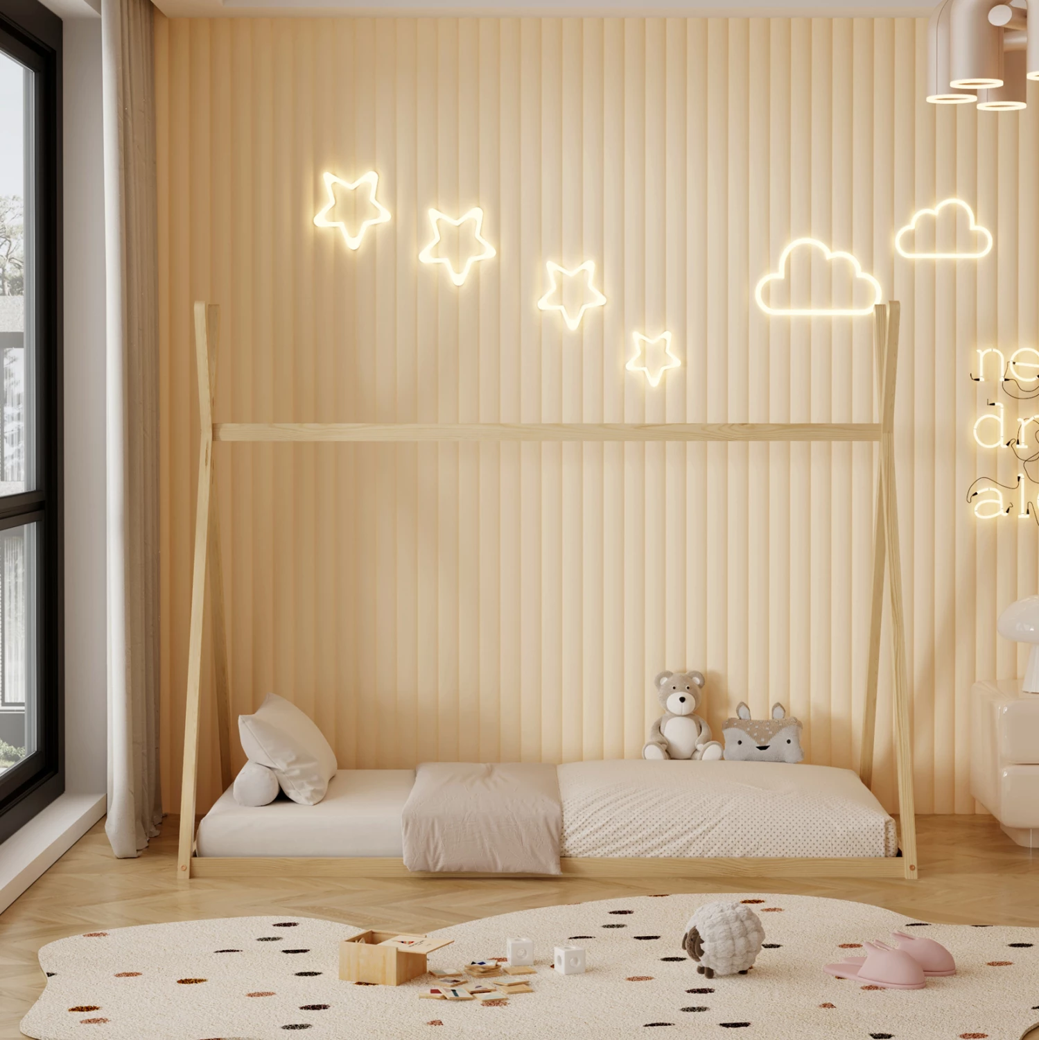 Krevat për fëmijë MUNK FH681.01 t.MONTESSORI dru pishe i fortë në ngjyrë natyrale për dyshek 190x90cm