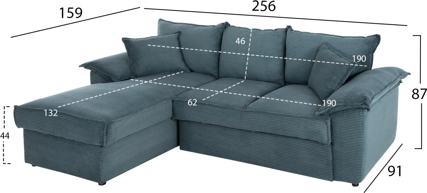 Divan-krevat qoshe (majtas) me hapsirë magazinimi ALDO FH3276.03L pëlhurë jeshile petrol 256x91-159x87H cm