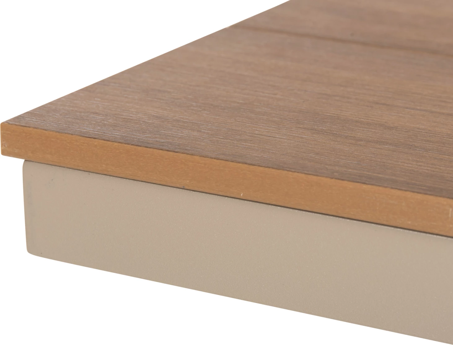 Stol alumini, ngjyrë shampanjë, sipërfaqe tavoline polivudi, ngjyrë druri natyral, 150x36x45H cm