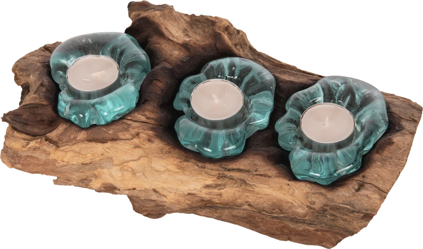 Dekor Tavoline FH4282 bazë qirinjsh-3 vende-dru TEAK i fortë dhe qelq-natyral