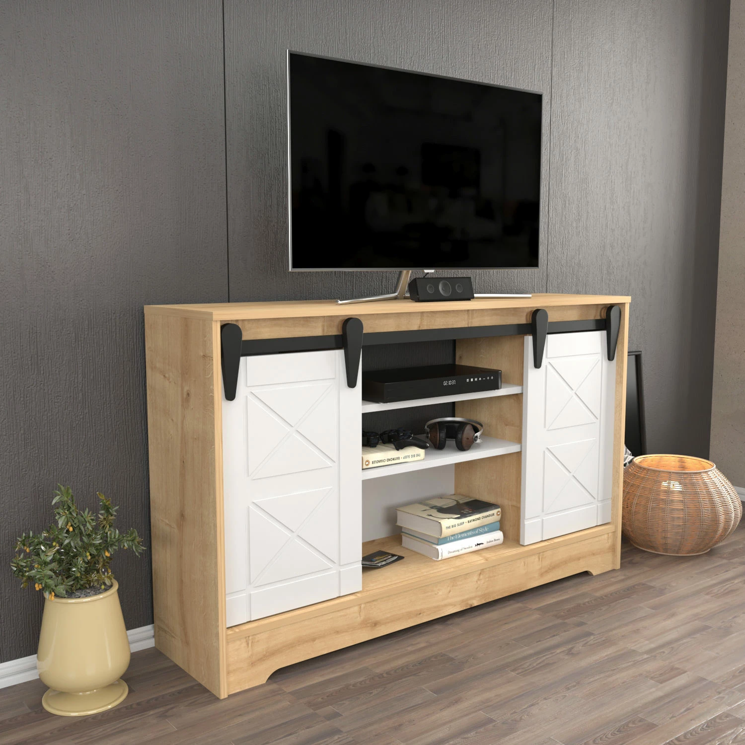 Komodë për TV, Skye Decor, ngjyrë safir, e bardhë