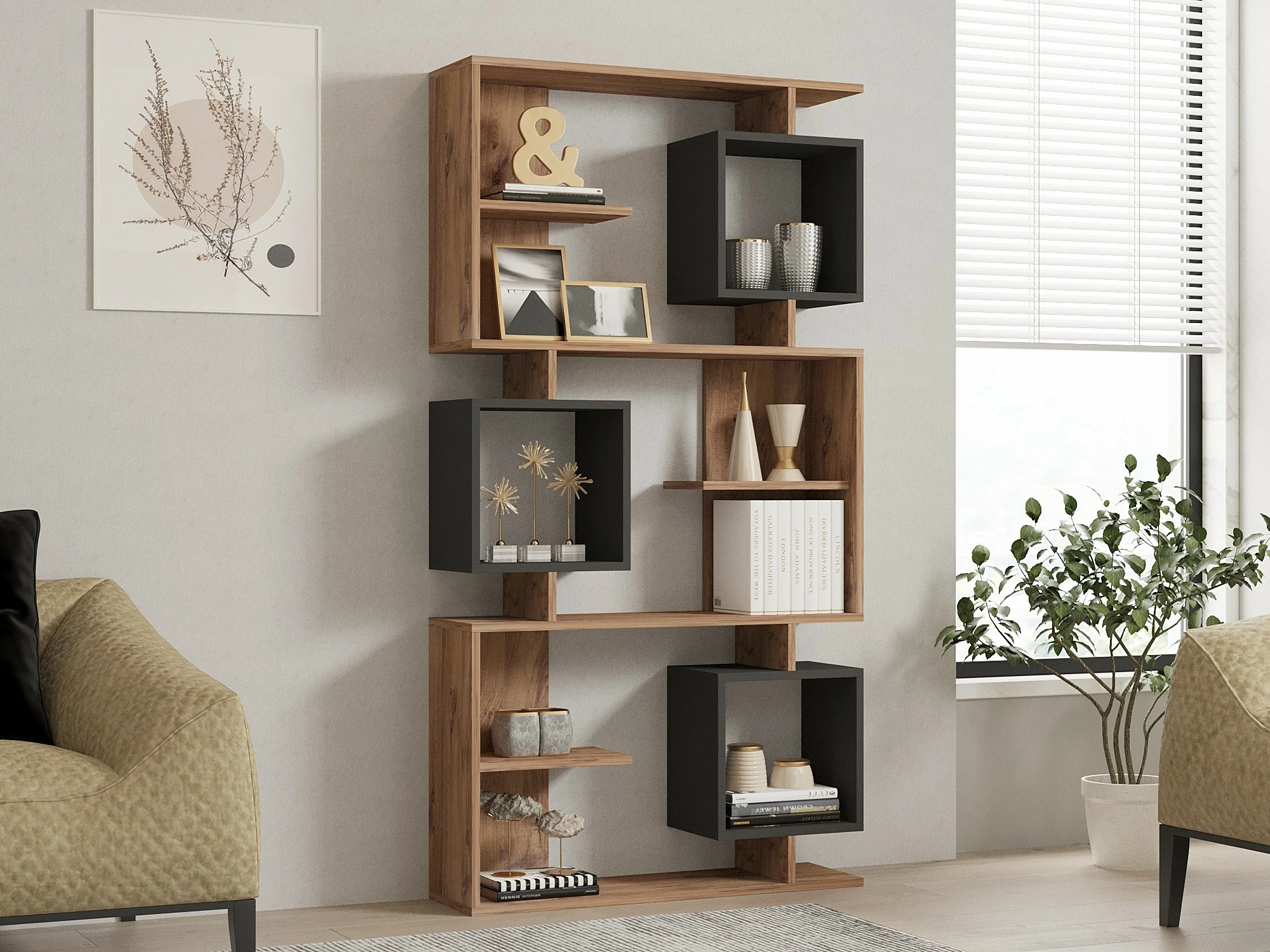 Raft librash Hanah Home, Icardi, ngjyrë pishë Atlantike dhe antracit