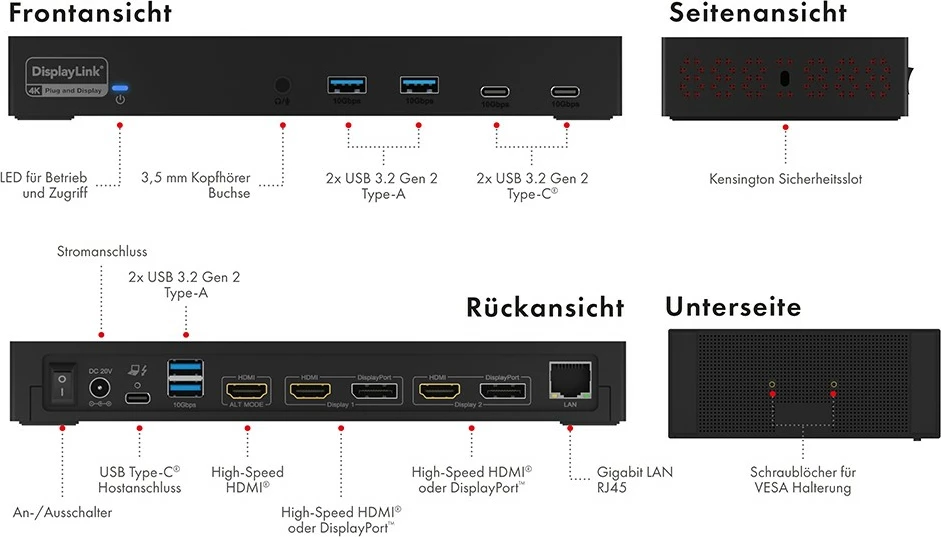 DockingStation ICY BOX 11-in-1, USB 3.2, 3x HDMI, 2x DisplayPort, 100W, e zezë