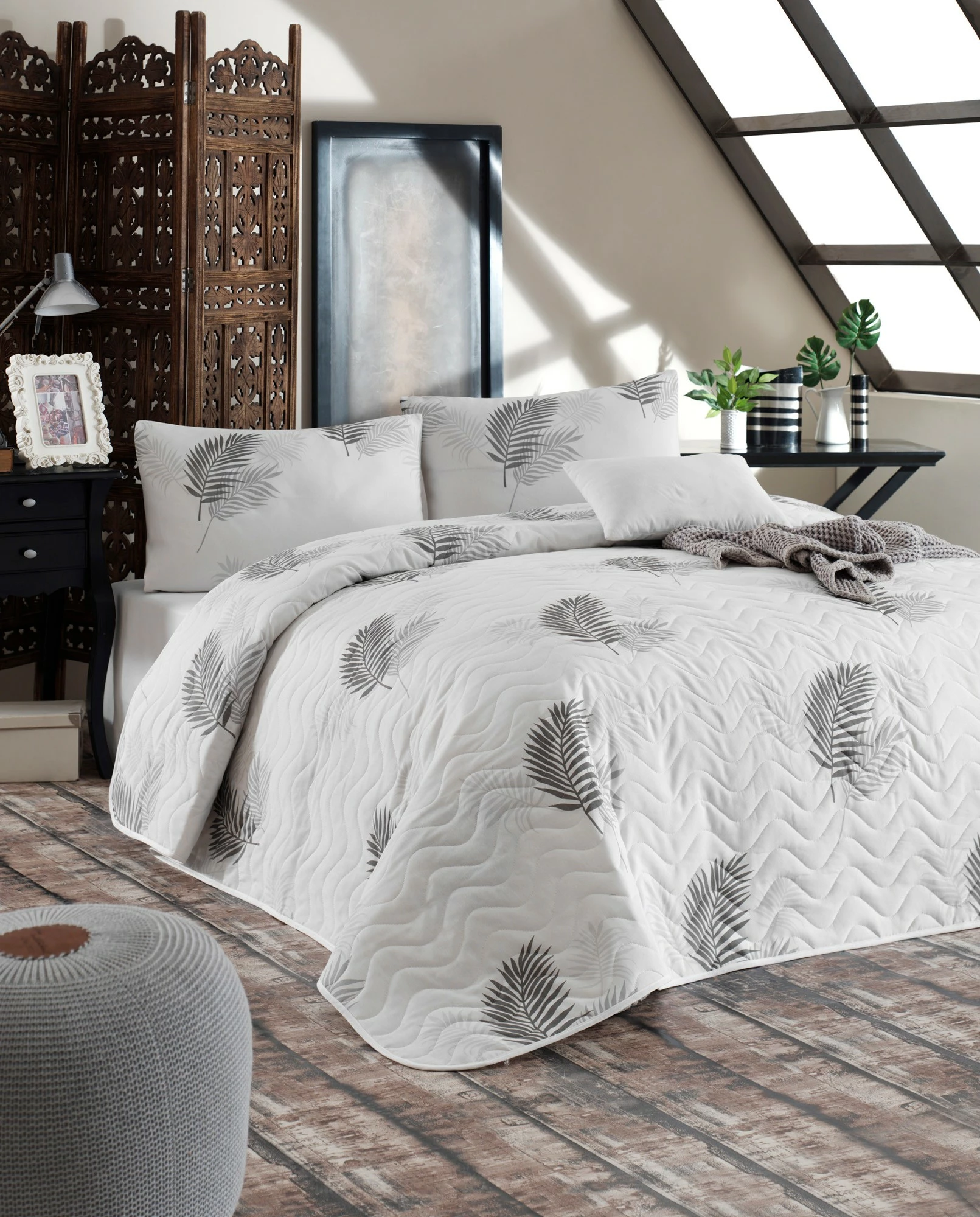 Set mbulesë krevati teke, L'Essentiel Linge de Maison, Palma, gri-bardhë