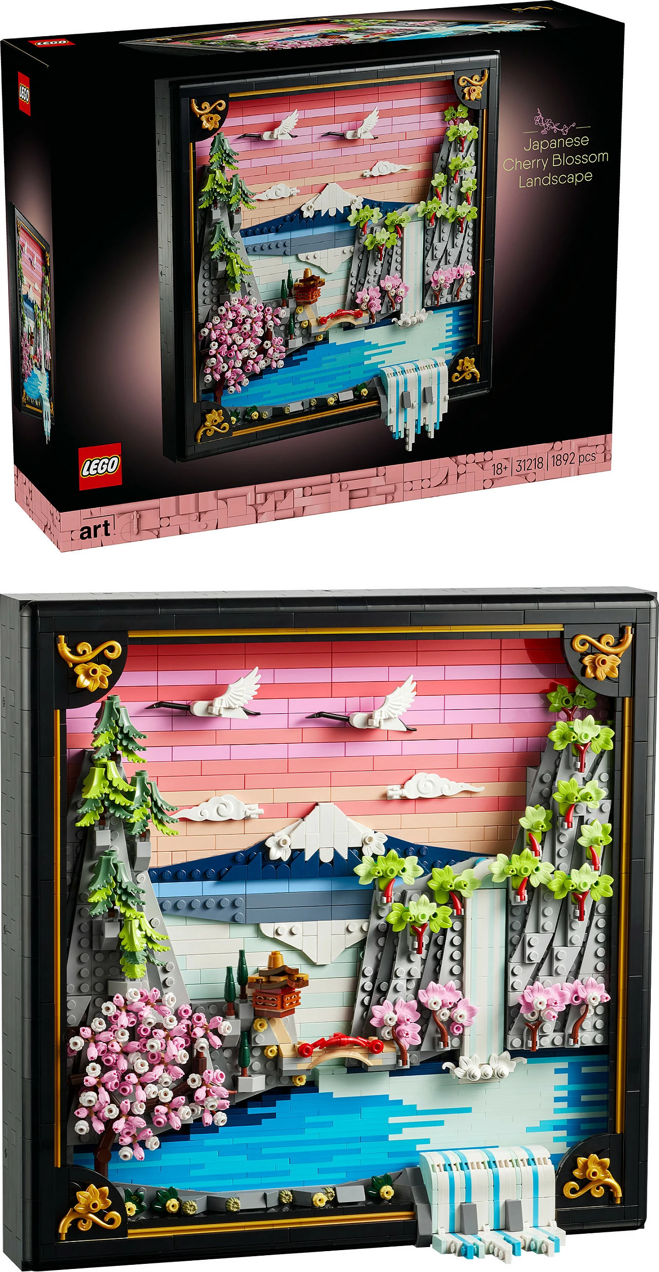 Set ndërtimi LEGO Art 31218 Japanese Cherry Blossom Landscape, 1892 copë, dekor muri 3D, Multikolor