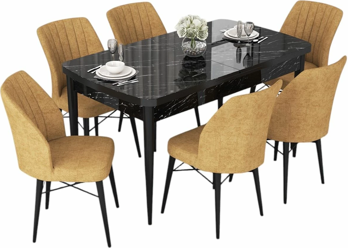 Tavolinë me karrige, e zgjatshme, 7 copë, Skye Decor, mermer i zi, kapuçino