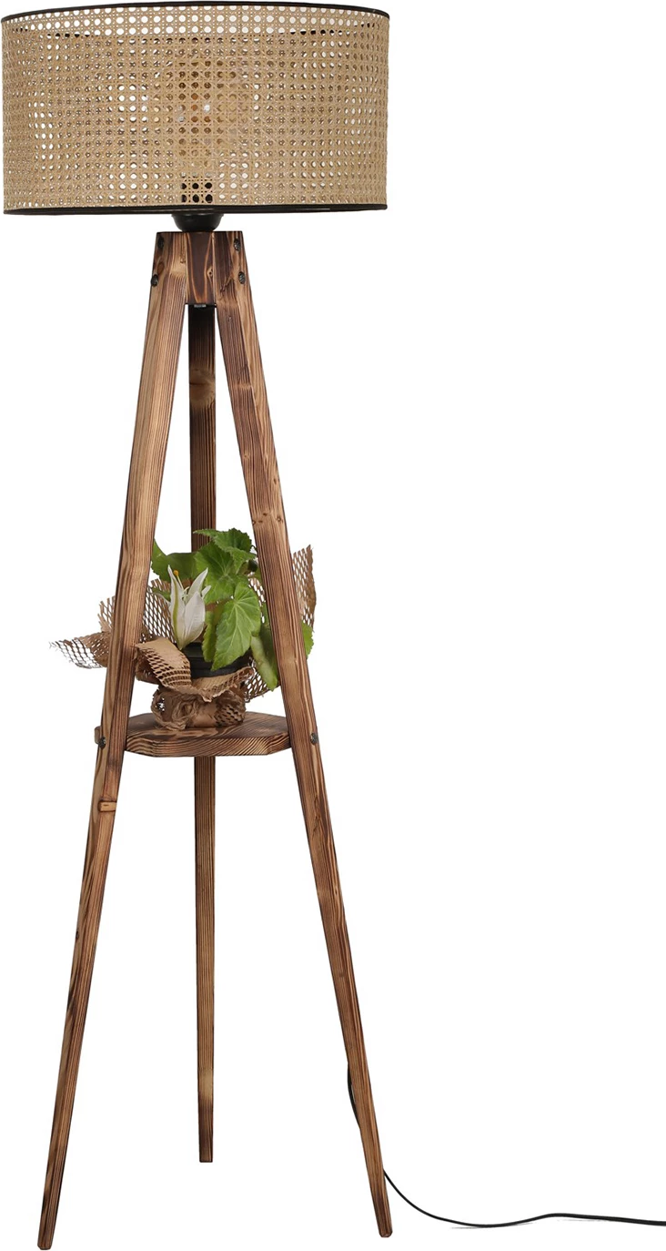 Llambë dyshemeje prej druri, rafte, kapak ratan, ngjyrë kafe, 153cm