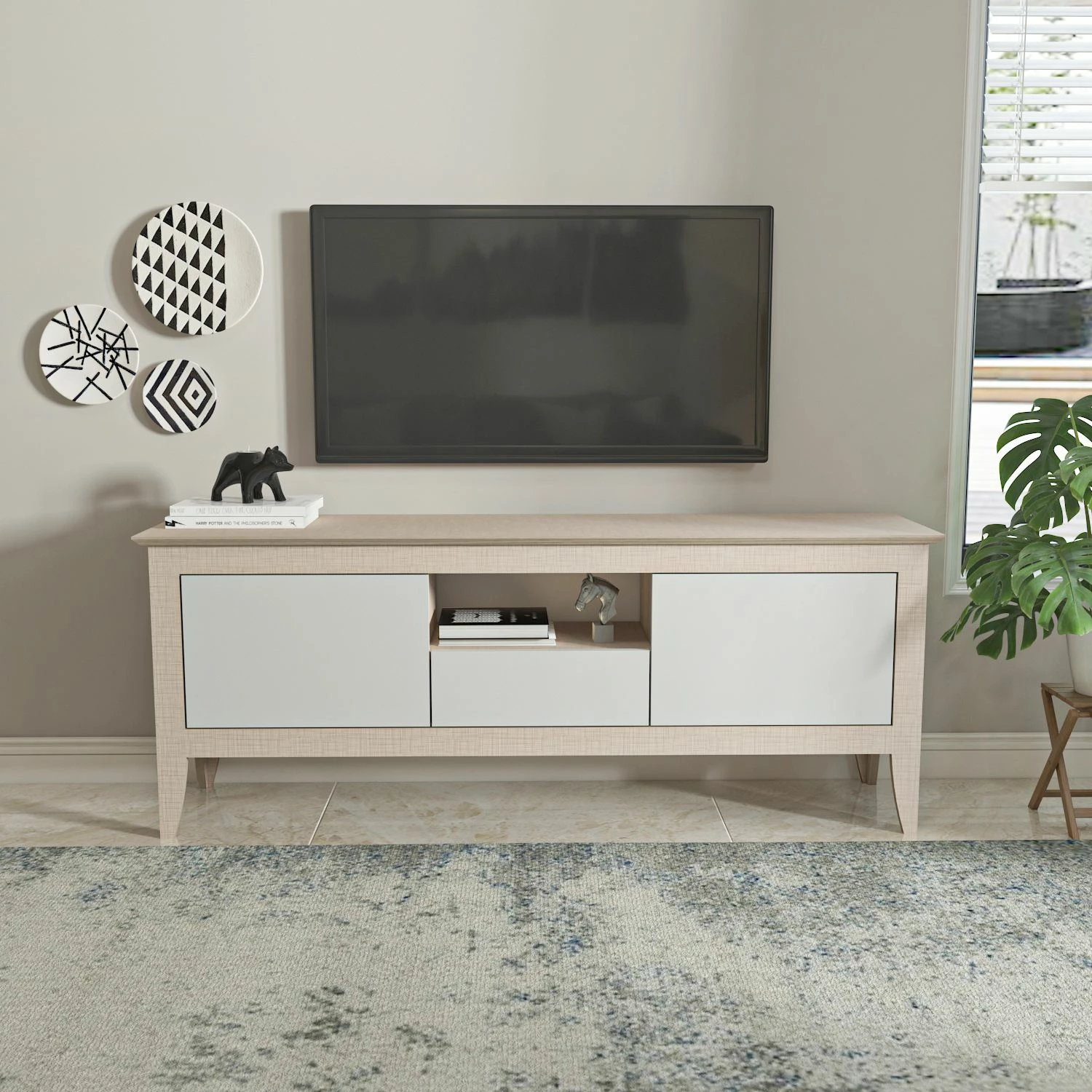 Komodë TV moderne Skye Decor, ngjyrë bezhë dhe e bardhë