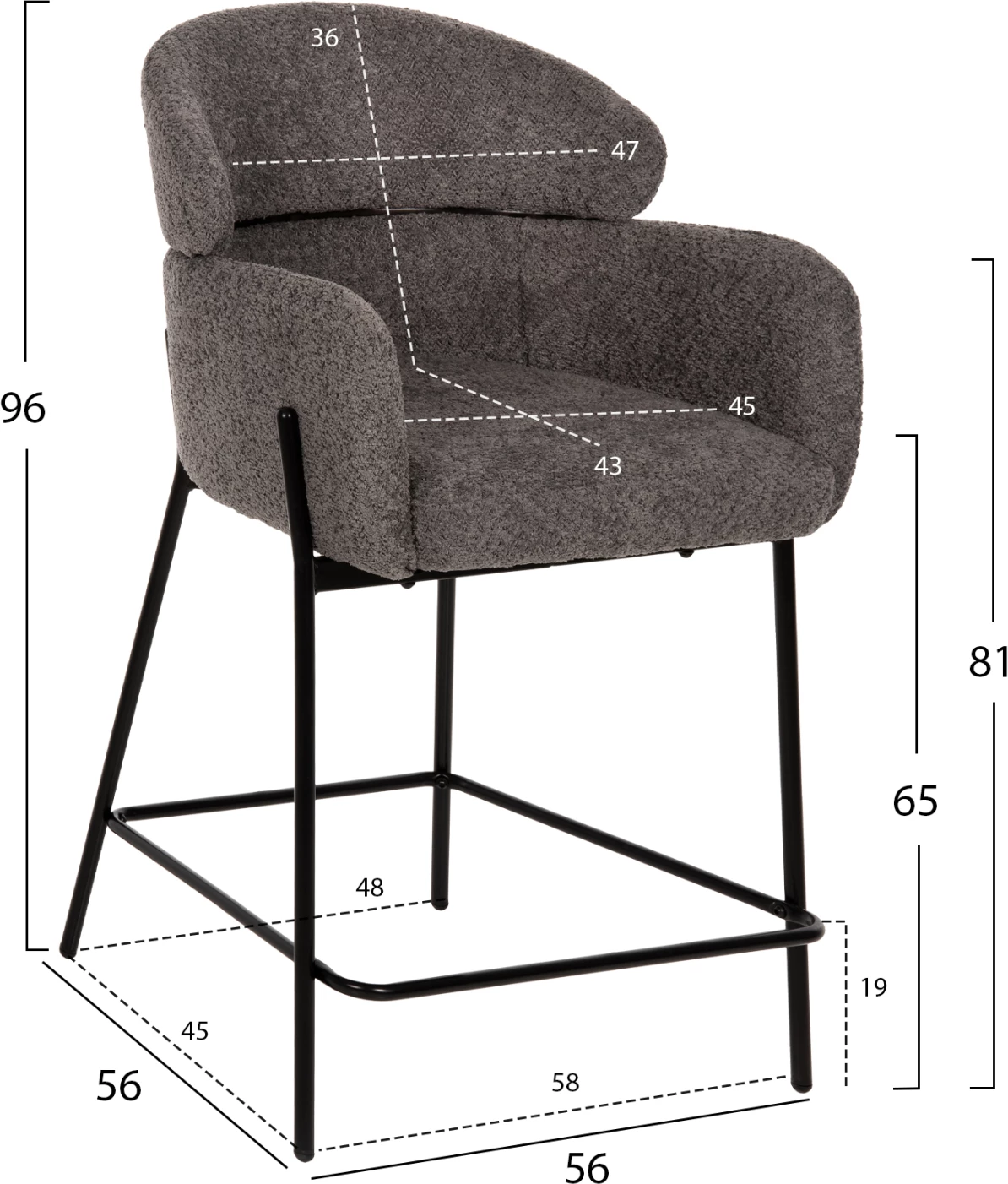 Karrige për bar mesatare WOLF FH8584.01, pëlhurë boucle gri, këmbë metalike të zeza, 56x56x96H cm., set prej 2 copë