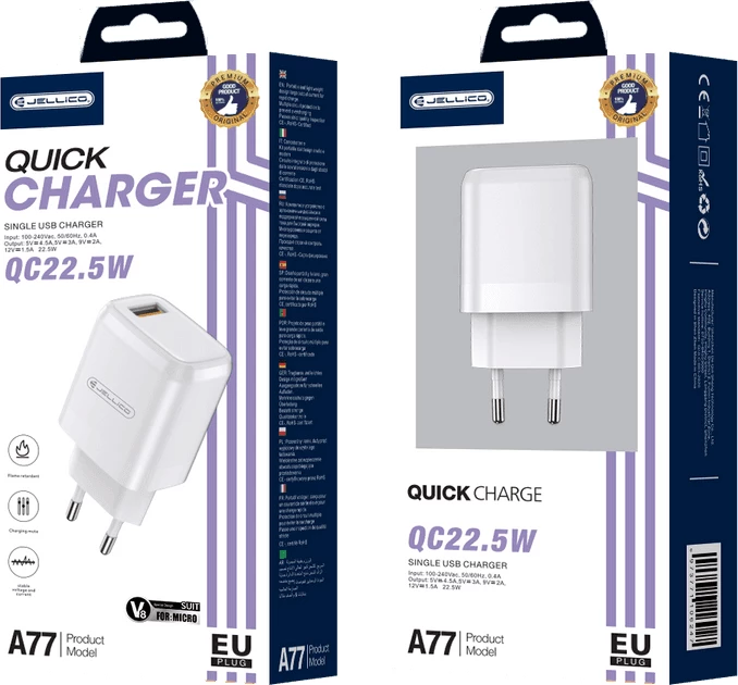 Karikues muri Jellico A77 Quick Charge 22.5W, USB-A 3.0A me kabllo Lightning, e bardhë, EU blister