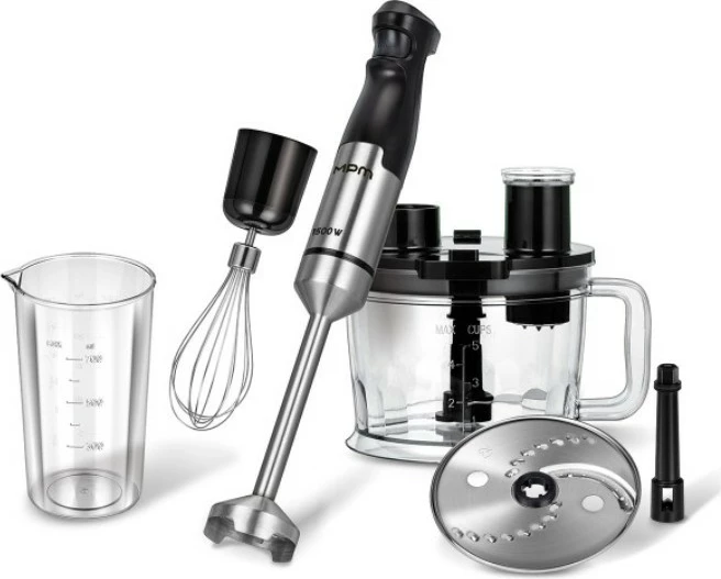 Blender dore set, MPM, MBL-39M, 1500 W, rregullim i vazhdueshëm i shpejtësisë, enë 1250 ml me teh inox, disk prerës dhe tel rrahës, Black/Steel