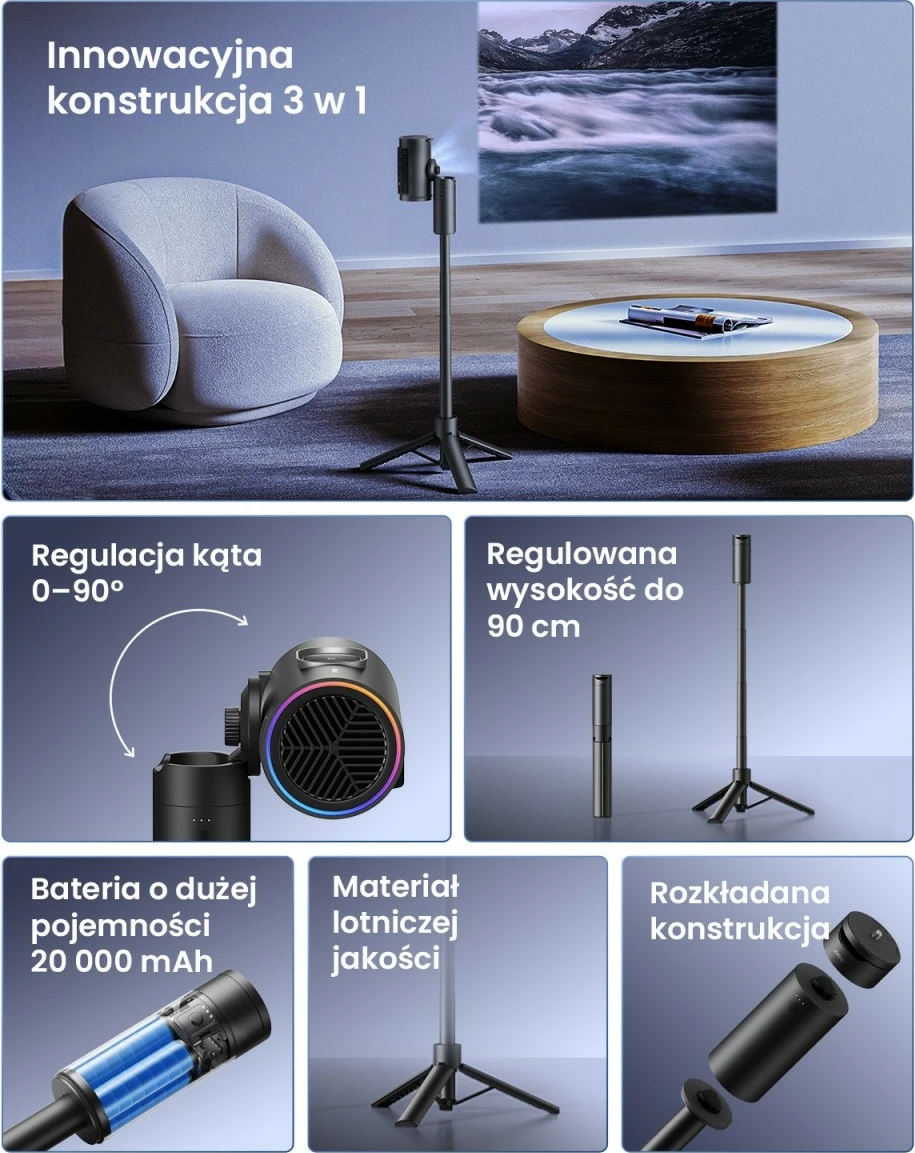 Tripod me powerbank JMGO P0X1 20000 mAh USB-C për pajisje me fiksim 1/4", e zezë