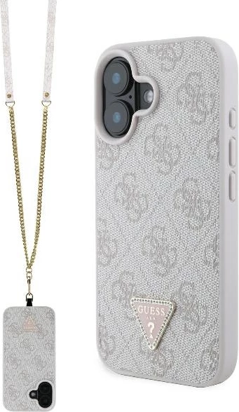 Mbështjellës Guess Leather Metal Logo Strass për iPhone 16, Rozë