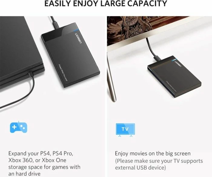 Kasë për HDD 2.5" UGREEN 50743, USB-C hyrje, SATA, deri 6TB, e zezë, Box