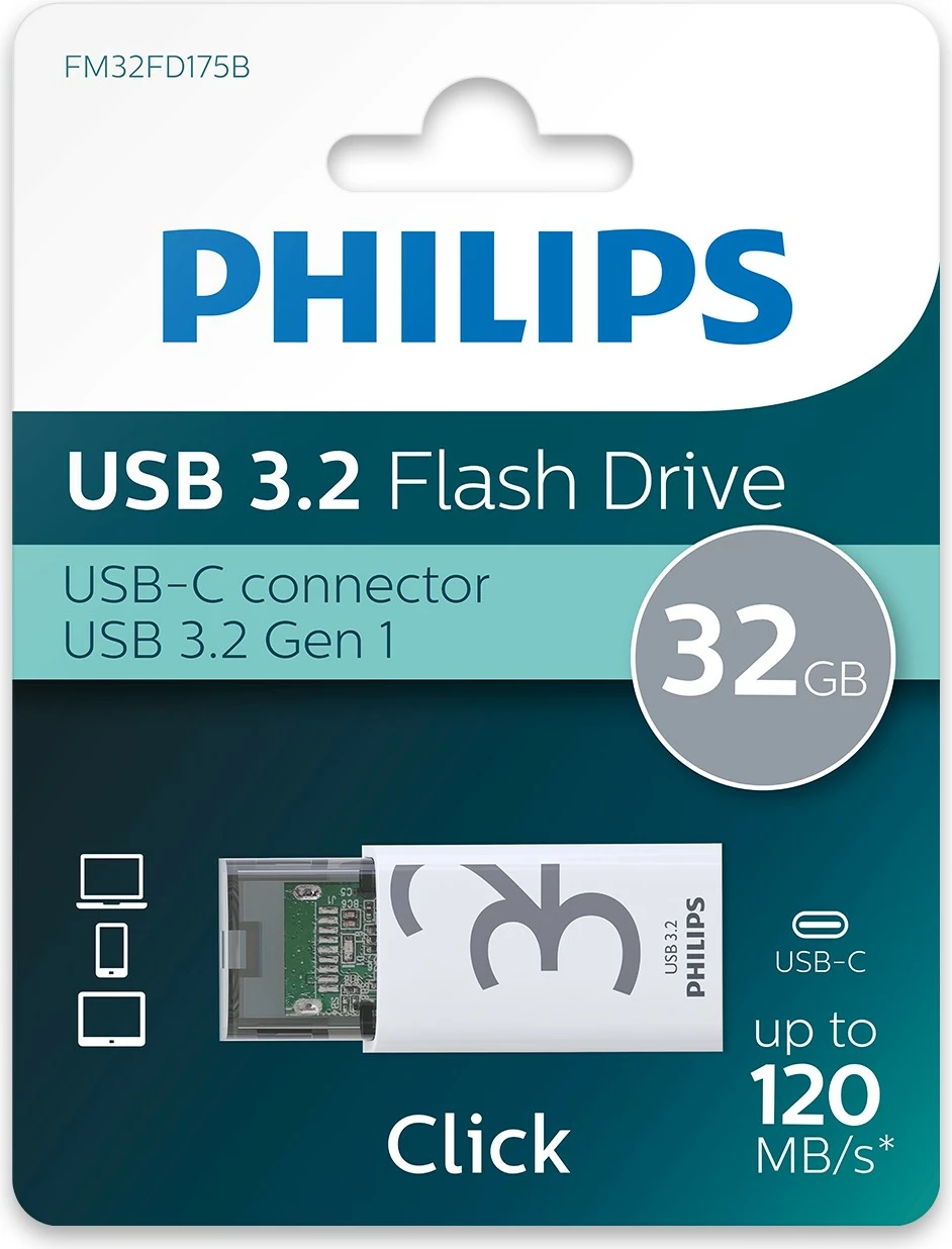 USB stick Philips Click Series 32GB USB 3.2, bardhë