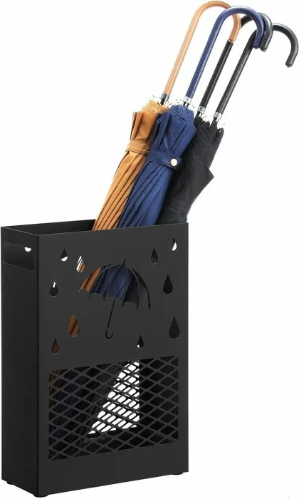 Mbajtëse ombrelle metalike SONGMICS LUC004B01, drejtkëndore 28×12×41 cm, me tabakë pikuese të heqshme, 4 grepa, e zezë