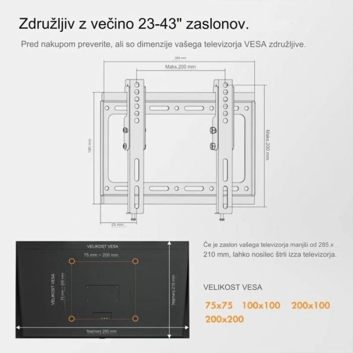 Mbajtëse muri për TV VONHAUS 3005006 23-43\" tilt deri 35kg, e zezë