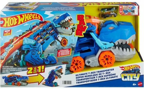 Set garazh/transportues dinosauri Mattel Hot Wheels City T-Rex Mega Transporter HNG50, me drita e tinguj, ruan 20+ vetura, me 2 vetura 1:64, blu/portokalli