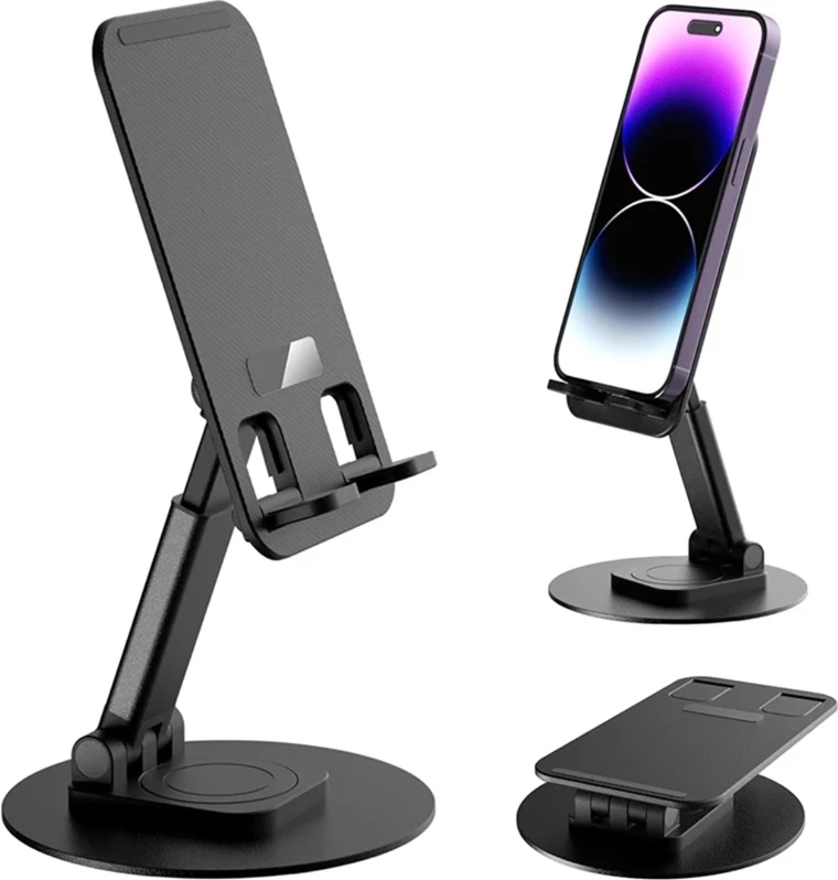 Mbajtëse Telefoni Desktop e Palosshme dhe e Rregullueshme, me dizajn modern dhe funksional, për përdorim të përditshëm, ngjyrë e zezë