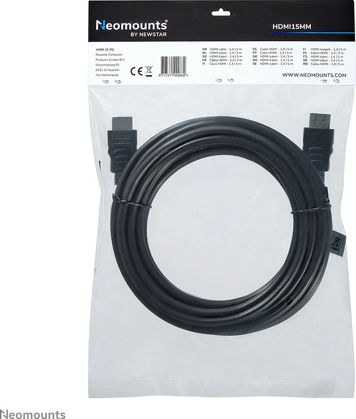 Kabllo HDMI Neomounts HDMI15MM, 5 m, 10.2 Gbit/s, e zezë