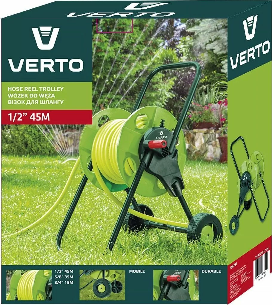 Karrocë me bobinë për zorrë kopshti Verto 15G791, deri 45 m (1/2\"), e gjelbër