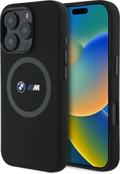 Mbështjellës BMW M për iPhone 16 Pro, silikon, MagSafe, zi