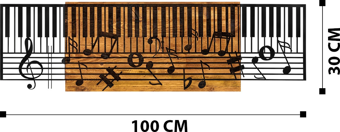 Aksesor dekorativ për mur, dru dhe metal, temë muzikore, ngjyrë e zezë dhe arre, Wallity Arya, 100x30cm