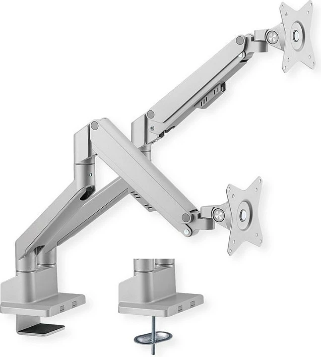 Mbajtëse monitori ROLINE LCD Doppelarm, montim në tavolinë, gasfeder, 2x 17-32 inç, VESA 75x75/100x100, deri 2x9 kg, argjend