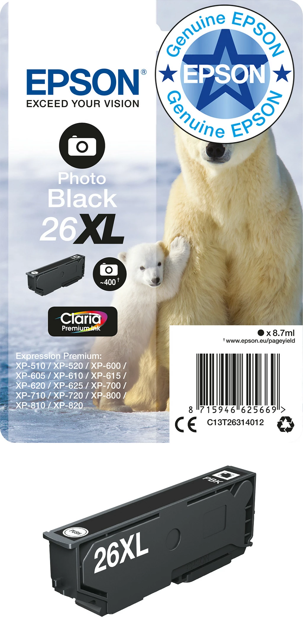 Toner Epson Polar Bear Singlepack Photo Black 26XL, High Yield, 8.7 ml
