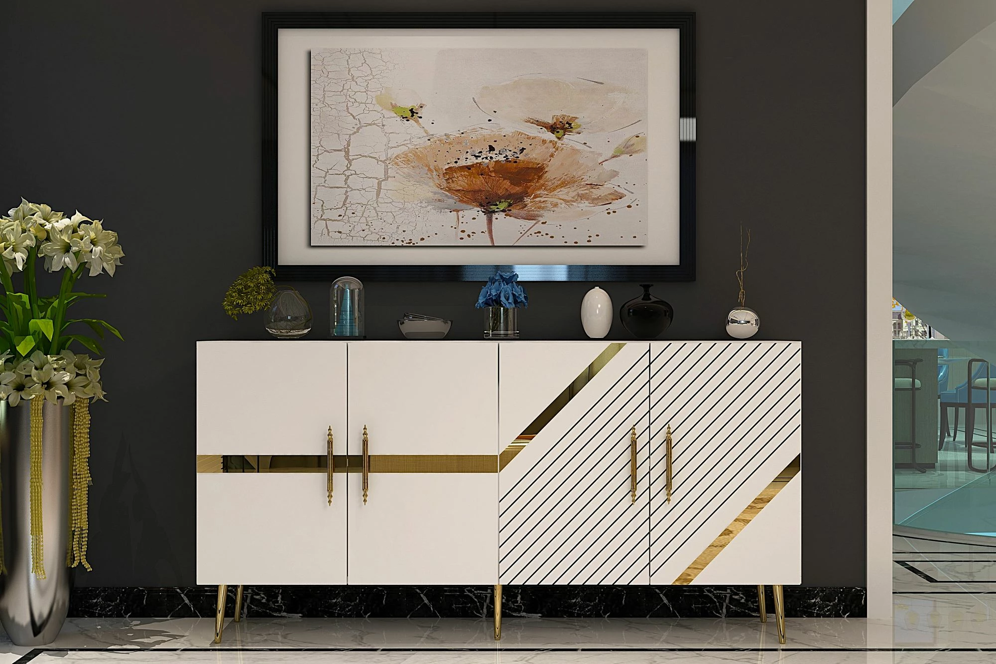 Konsolë moderne, ngjyrë e bardhë dhe ari, Skye Decor, Fuga KB150